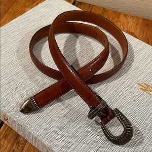 Brahmin Brown Leather Belt – Silver Buckle | Made in USA | Size Medium